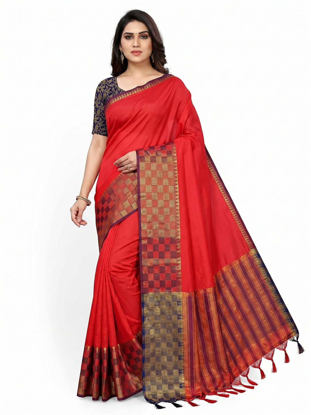 Red Woven Cotton Silk Saree With Tassels - Image 1