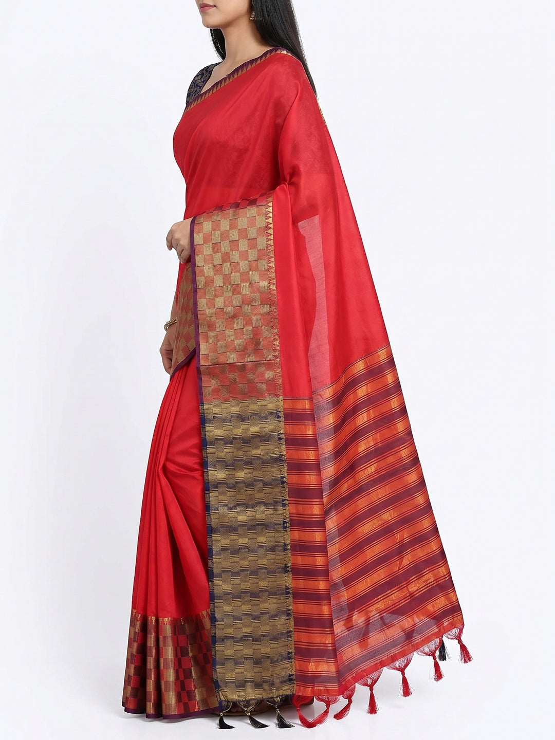 Red Woven Cotton Silk Saree With Tassels - Image 4