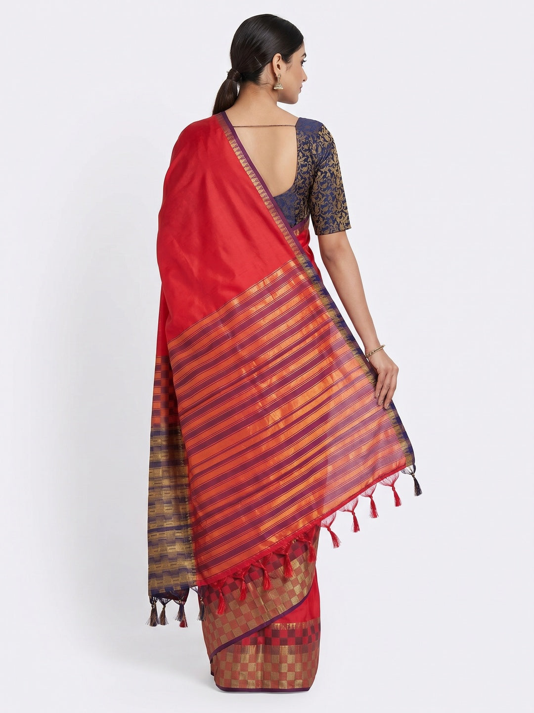 Red Woven Cotton Silk Saree With Tassels - Image 2