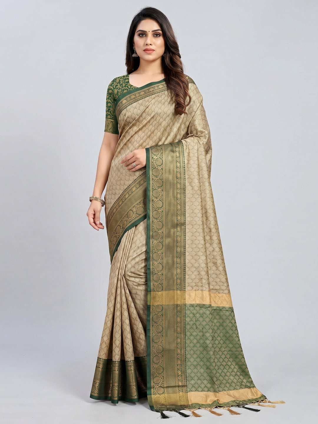 Chikoo Green Printed And Woven Cotton Silk Saree With Tassels - Image 1