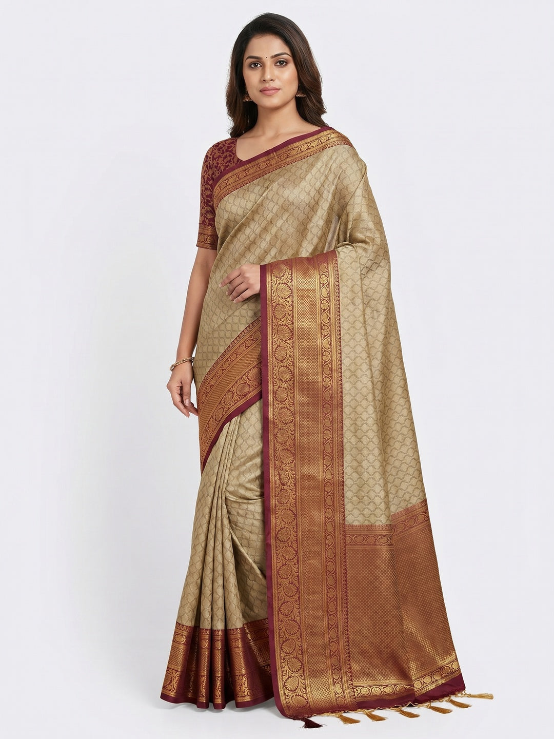 Chikoo Printed And Woven Cotton Silk Saree With Tassels - Image 1