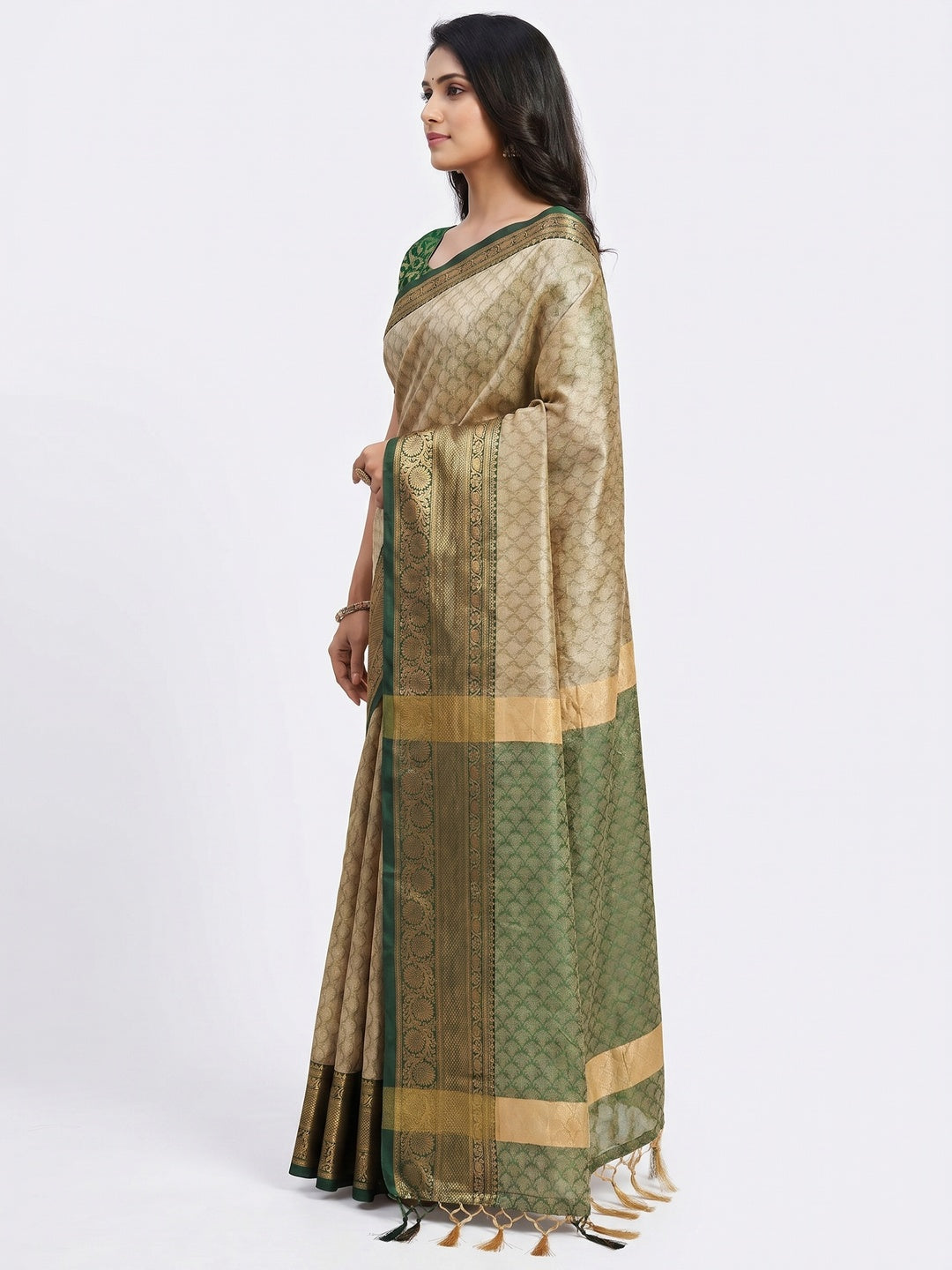 Chikoo Green Printed And Woven Cotton Silk Saree With Tassels - Image 2