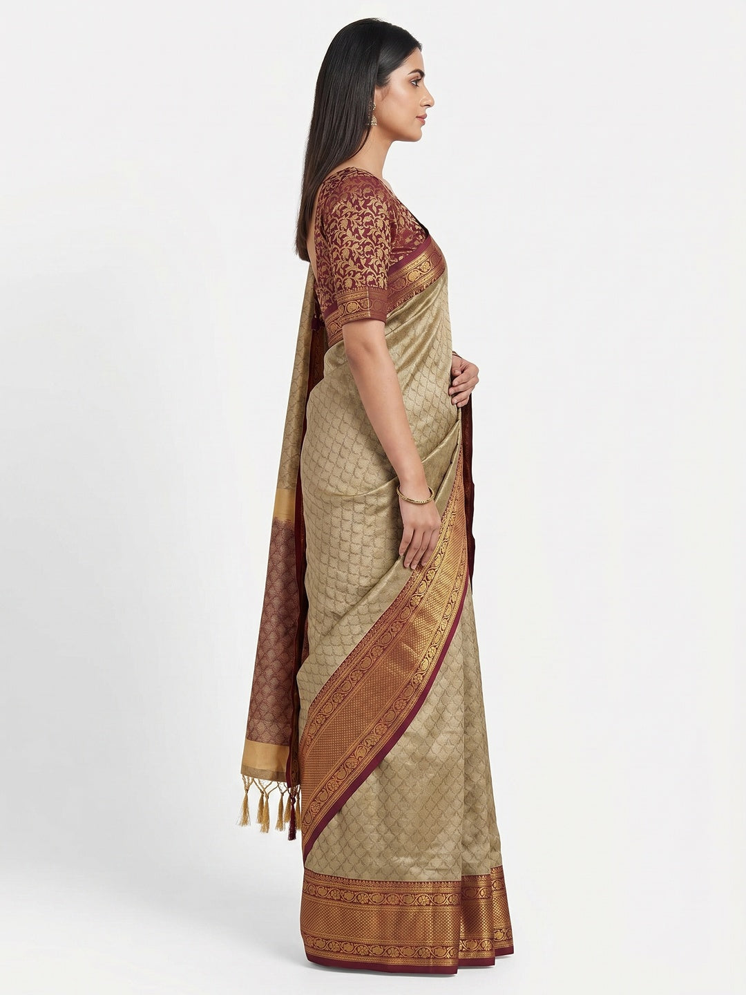 Chikoo Printed And Woven Cotton Silk Saree With Tassels - Image 2