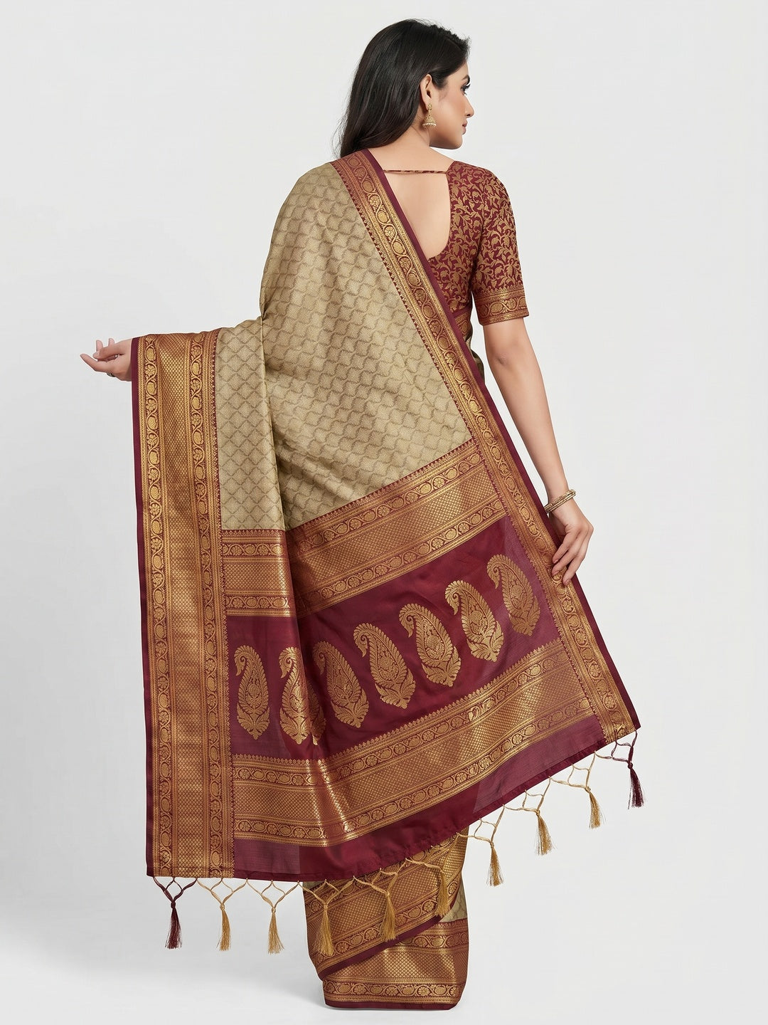 Chikoo Printed And Woven Cotton Silk Saree With Tassels - Image 3