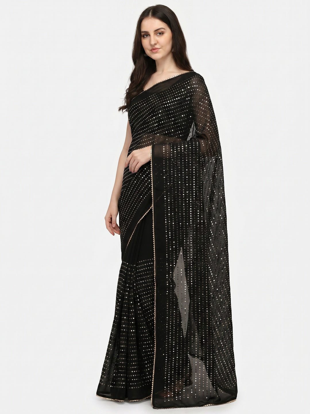 Black Sequins Embroidered Georgette Saree - Image 1