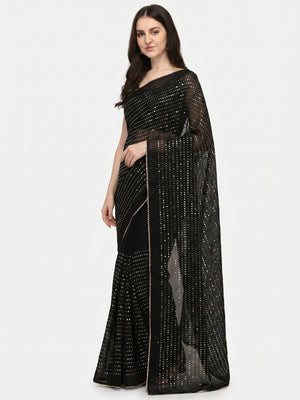 Black Sequins Embroidered Georgette Saree - Image 1