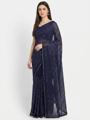 Navy Blue Sequins Embroidered Georgette Saree - Image 1