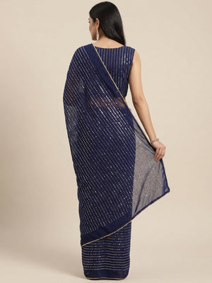 Navy Blue Sequins Embroidered Georgette Saree - Image 2