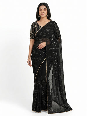 Black Sequins Embroidered Georgette Saree - Image 1