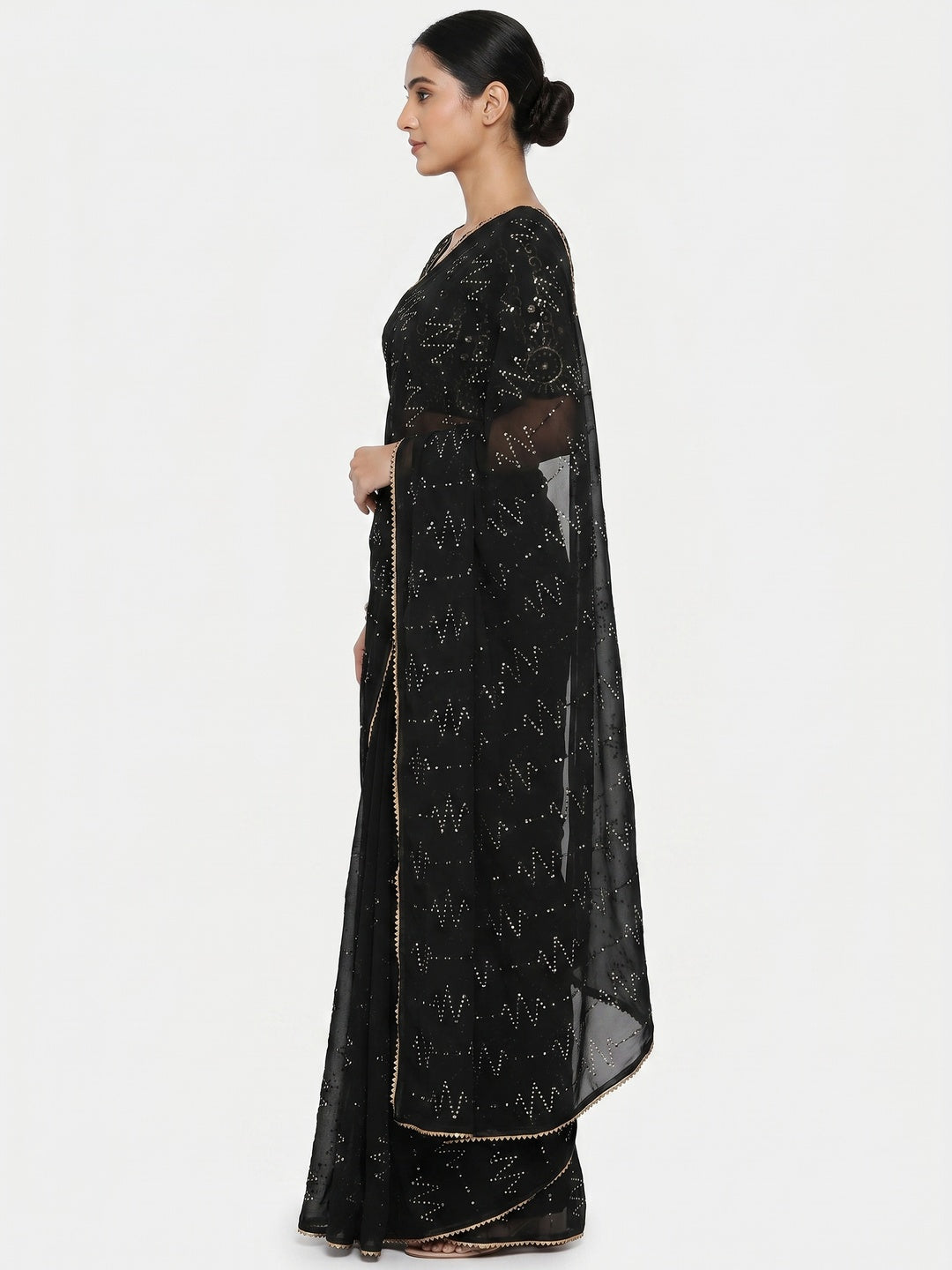 Black Sequins Embroidered Georgette Saree - Image 3