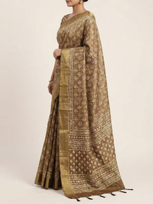 Mehendi Green Floral Printed Matka Tussar Saree With Tassels - Image 1