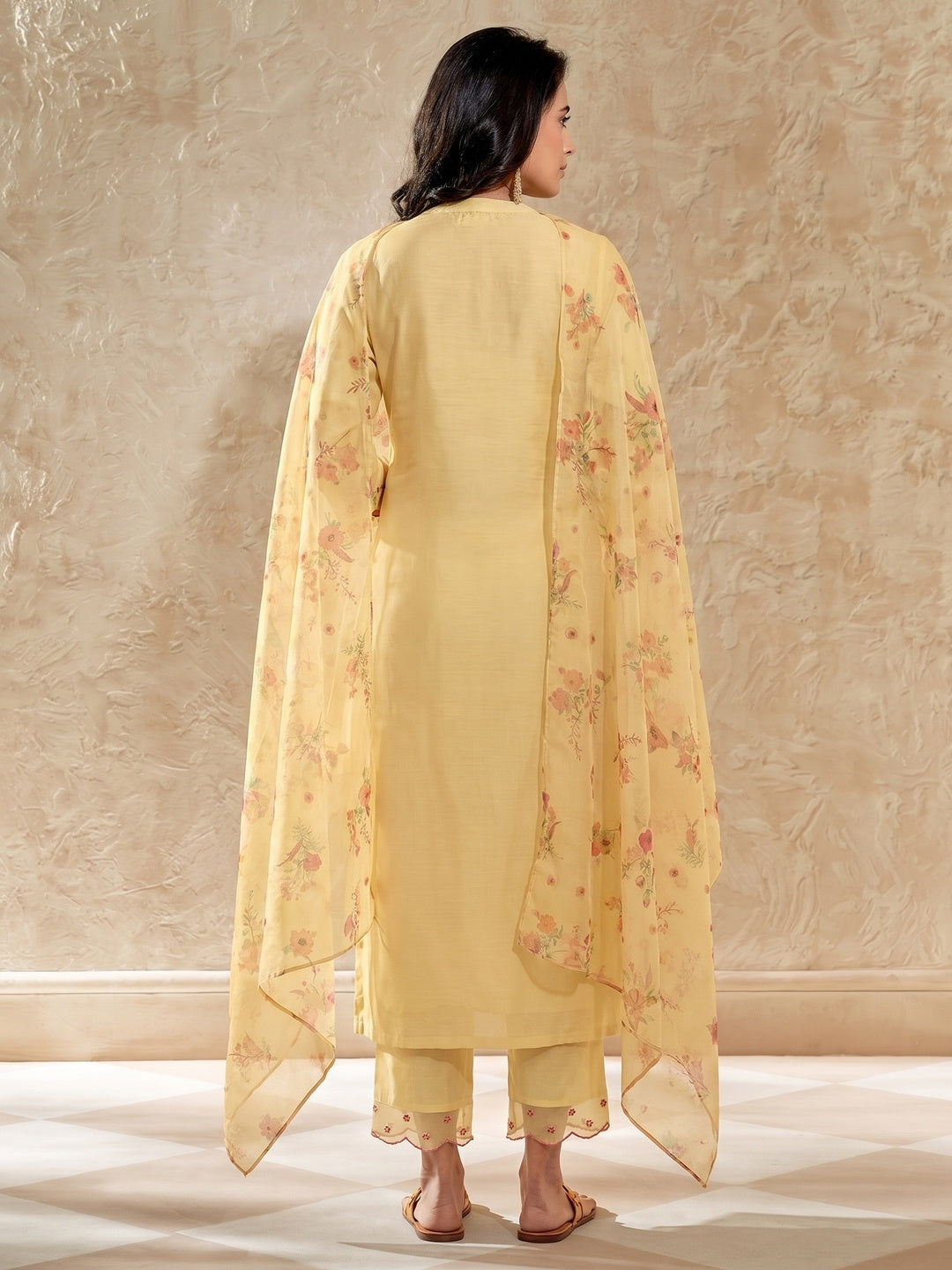 Light Yellow Floral Embroidered Viscose Suit - Image 1