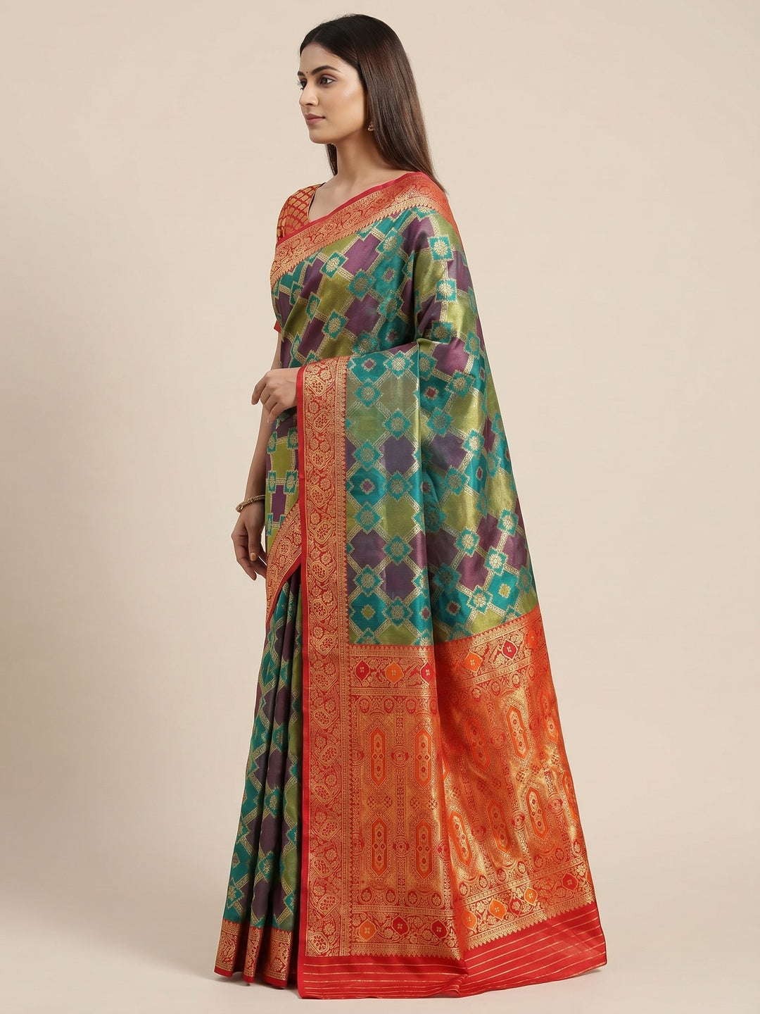 Multicolor Red Woven Cotton Silk Saree - Image 2