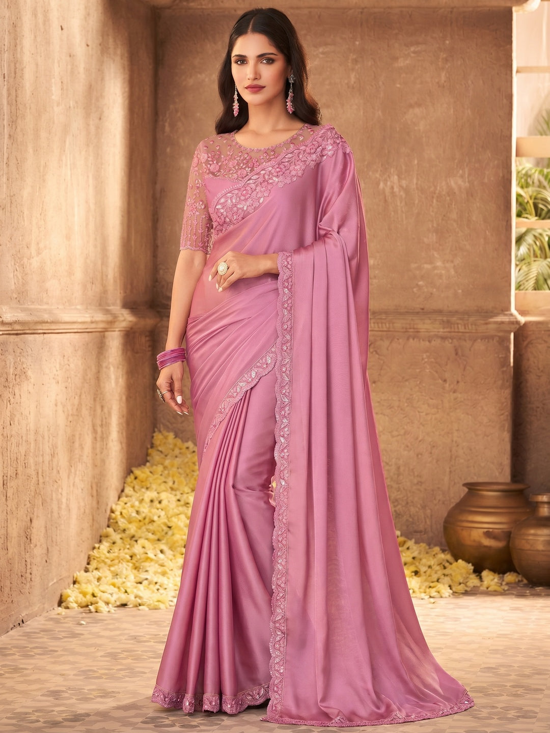 Light Pink Embroidered Art Silk Saree - Image 1