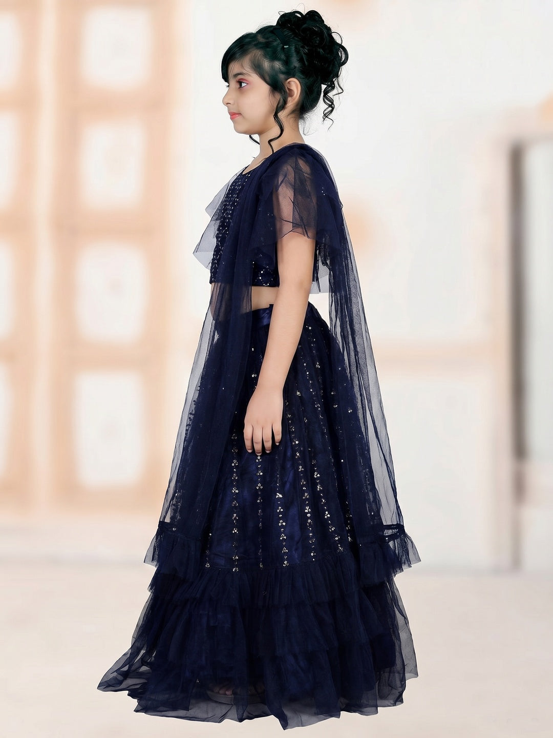 Navy Blue Embroidered Net Lehenga Choli For Kids - Image 3