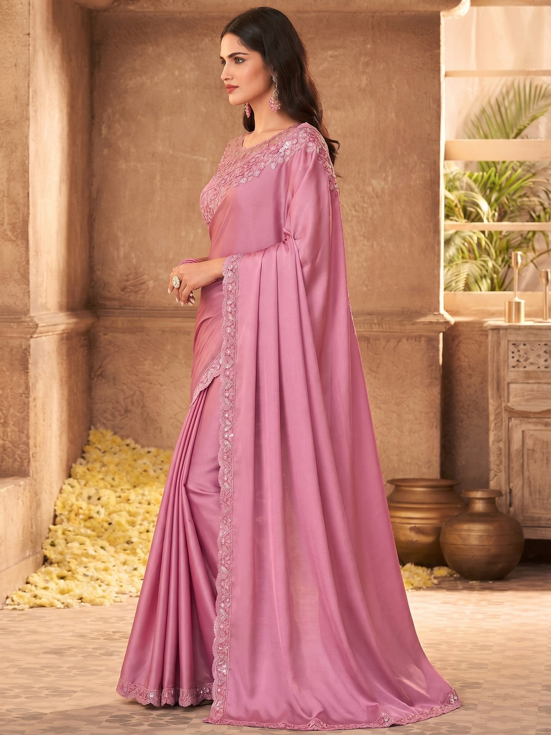 Light Pink Embroidered Art Silk Saree - Image 2