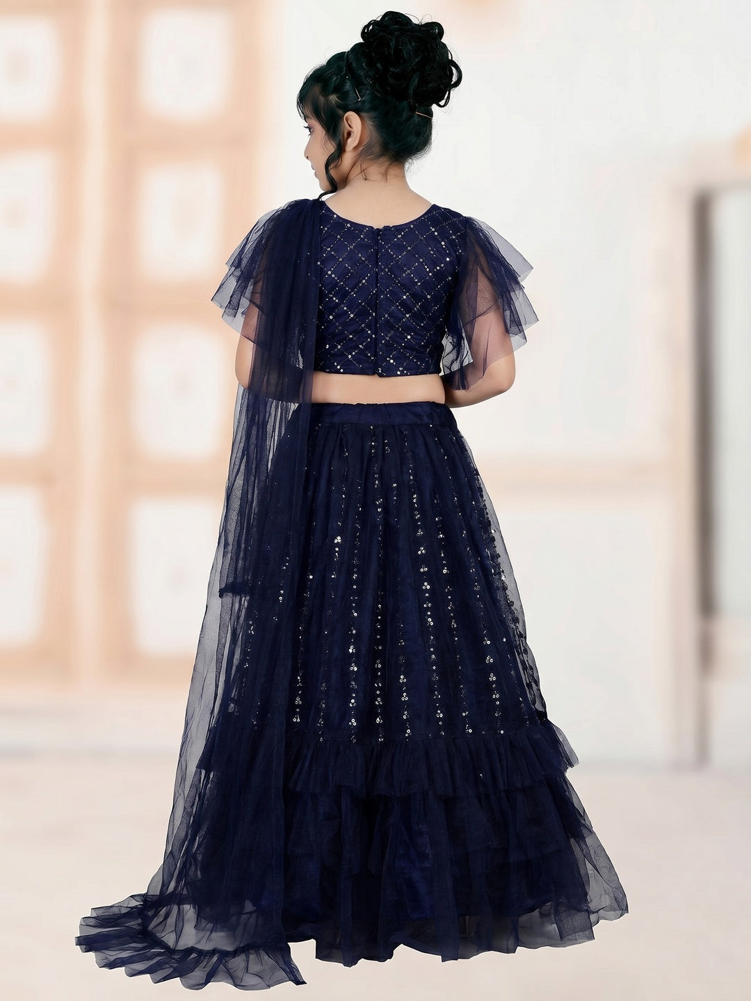Navy Blue Embroidered Net Lehenga Choli For Kids - Image 2