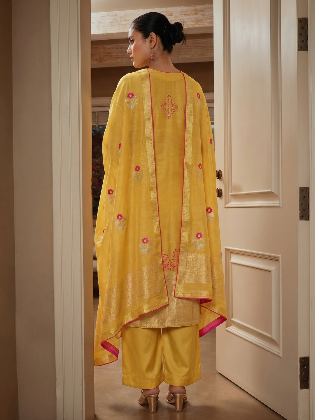Yellow Embroidered Pure Silk Suit - Image 1