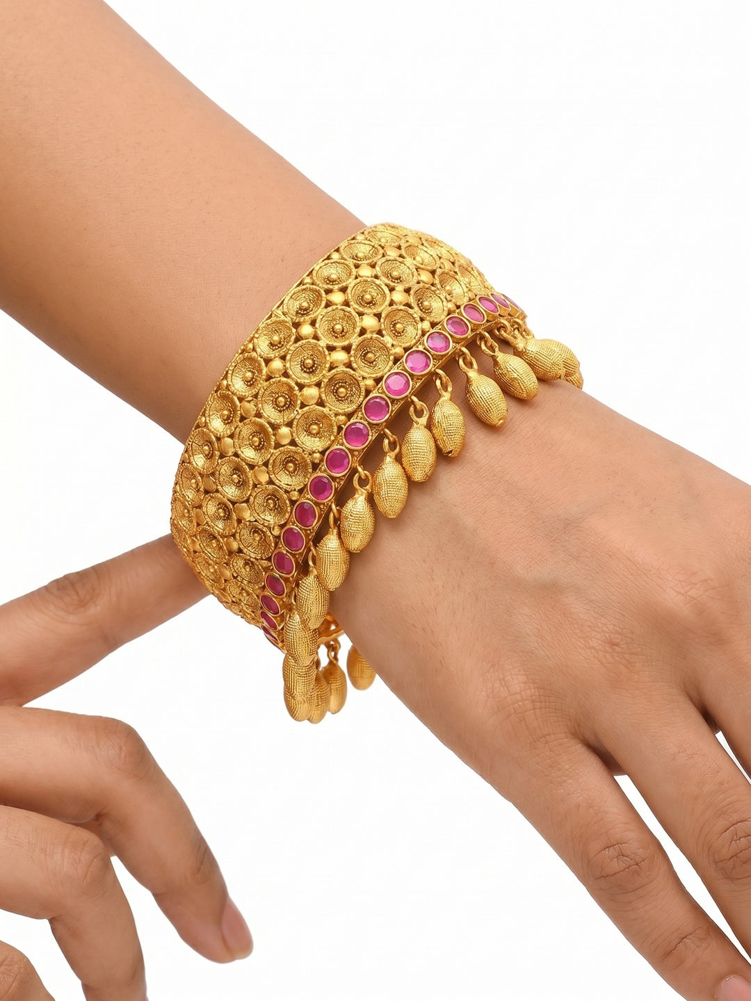 Golden Look Pink Stone Kada Openable Bangle With Hangings - Image 1
