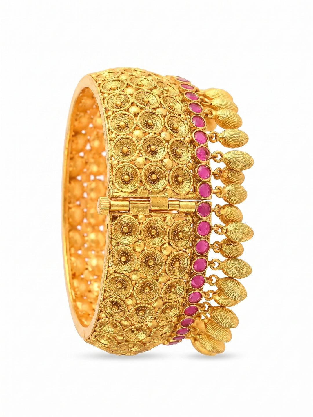 Golden Look Pink Stone Kada Openable Bangle With Hangings - Image 2