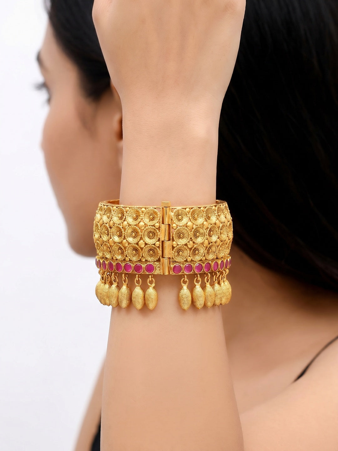 Golden Look Pink Stone Kada Openable Bangle With Hangings - Image 3