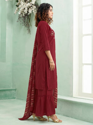Maroon Floral Handwork Muslin Sharara Suit - Image 1