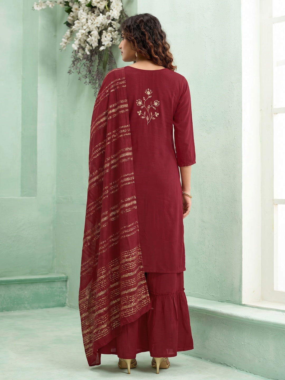 Maroon Floral Handwork Muslin Sharara Suit - Image 2