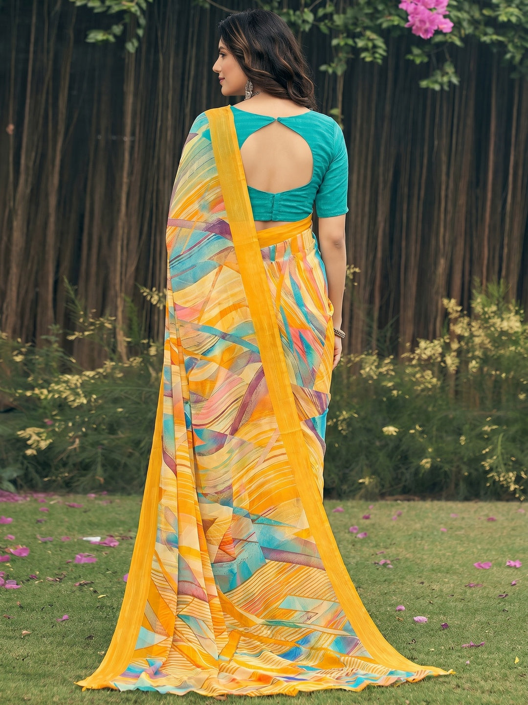 Yellow Geometric Printed Georgette Saree - Image 1
