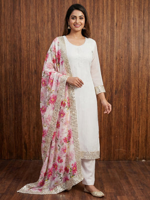 White Sequins Embroidered Georgette Dress Material - Image 1