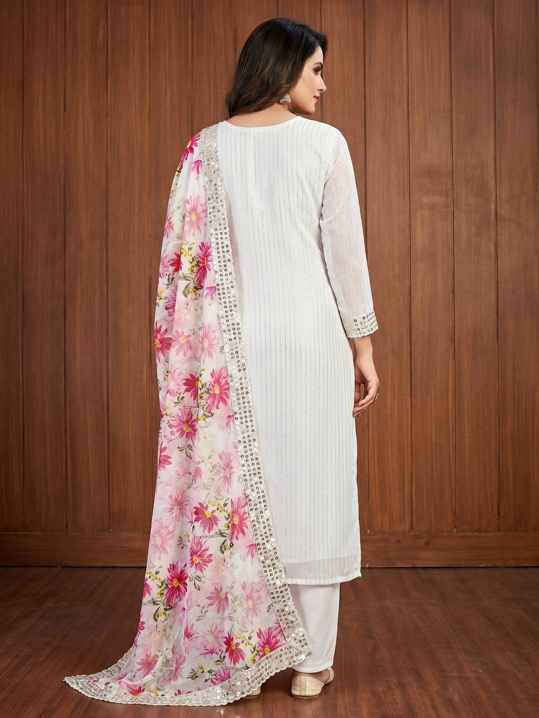White Sequins Embroidered Georgette Dress Material - Image 2