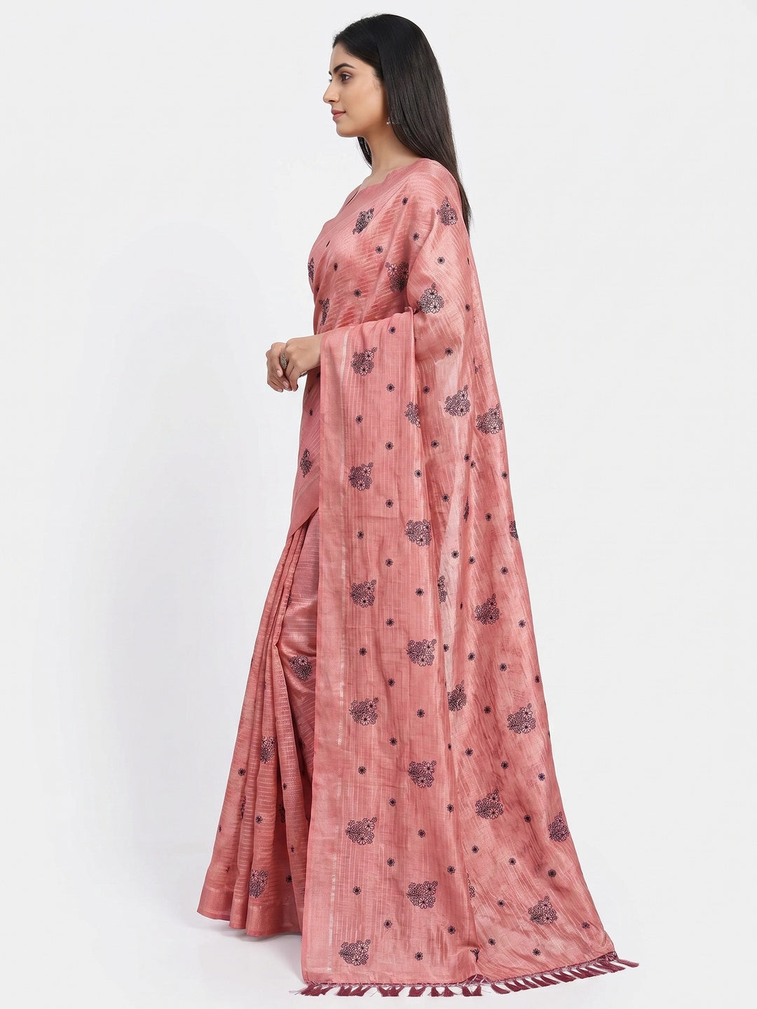 Peach Floral Embroidered Art Silk Saree - Image 2