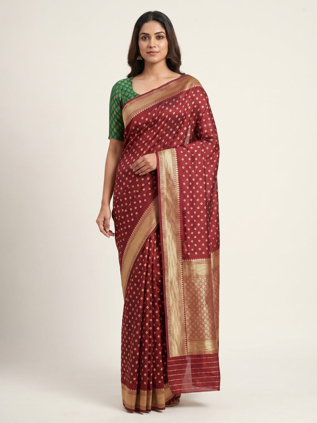 Maroon Bandhani Woven Banarasi Silk Saree - Image 1