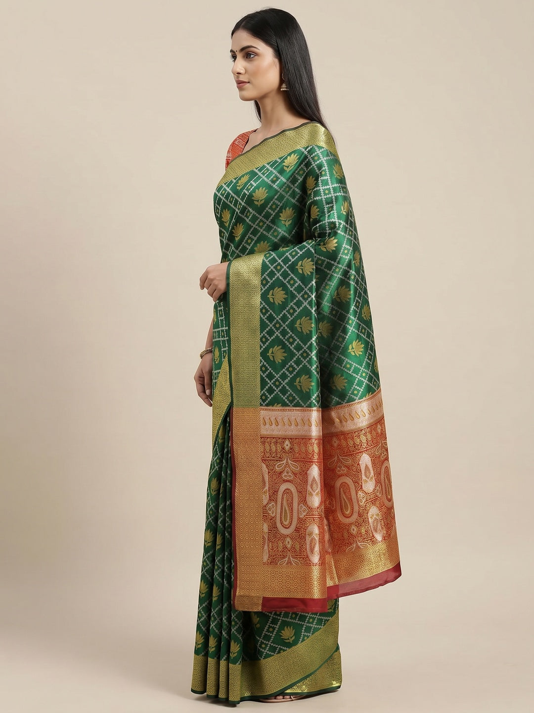 Bottle Green Floral Woven Banarasi Silk Saree - Image 3
