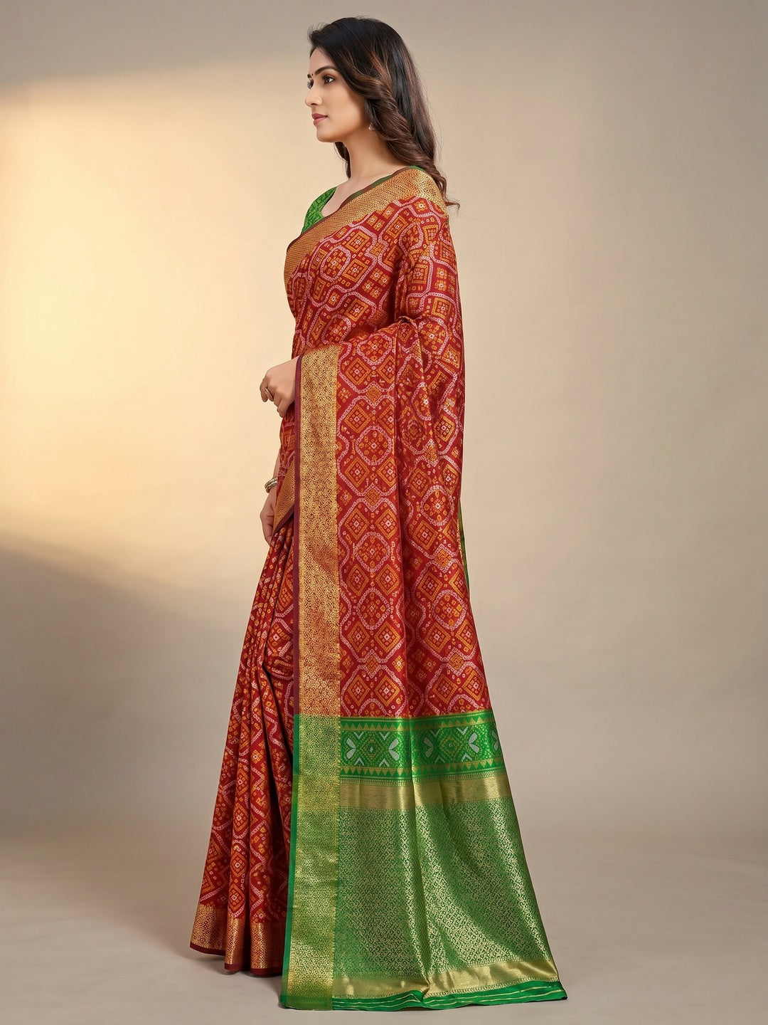 Maroon Bandhani Woven Banarasi Silk Saree - Image 2