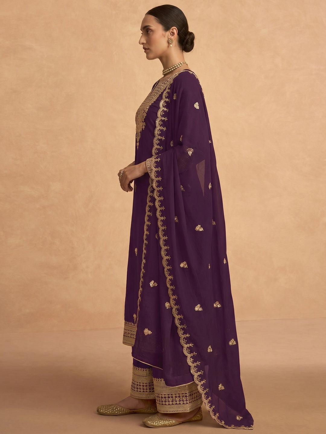 Purple Sequins Embroidered Georgette Palazzo Suit - Image 1