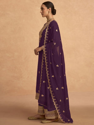 Purple Sequins Embroidered Georgette Palazzo Suit - Image 1