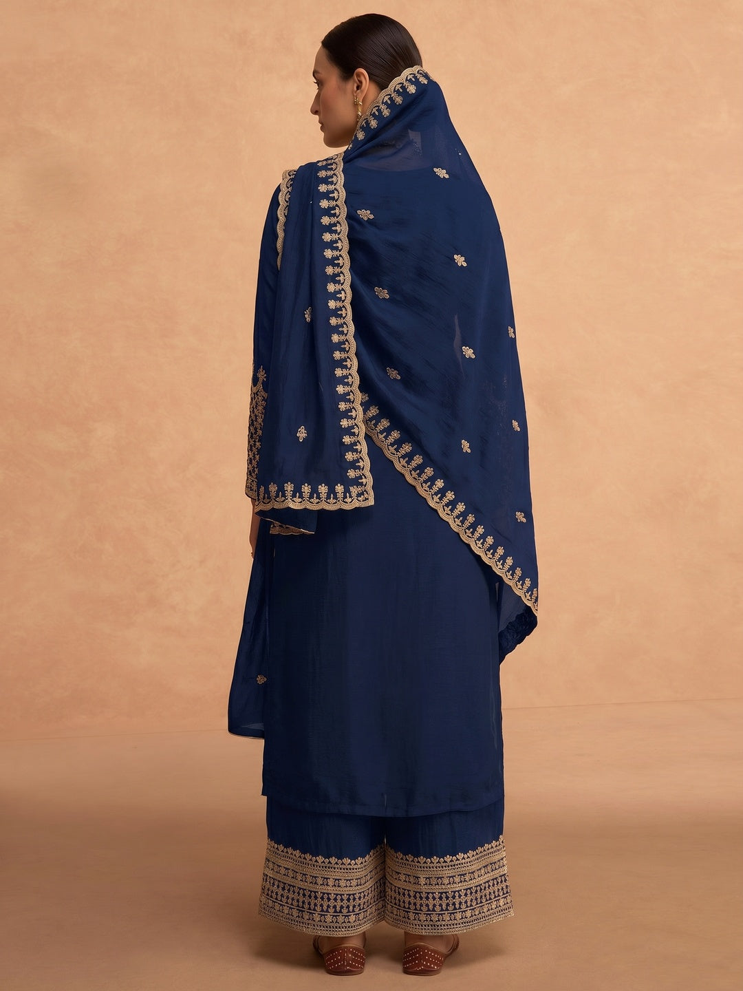 Blue Sequins Embroidered Georgette Palazzo Suit - Image 1
