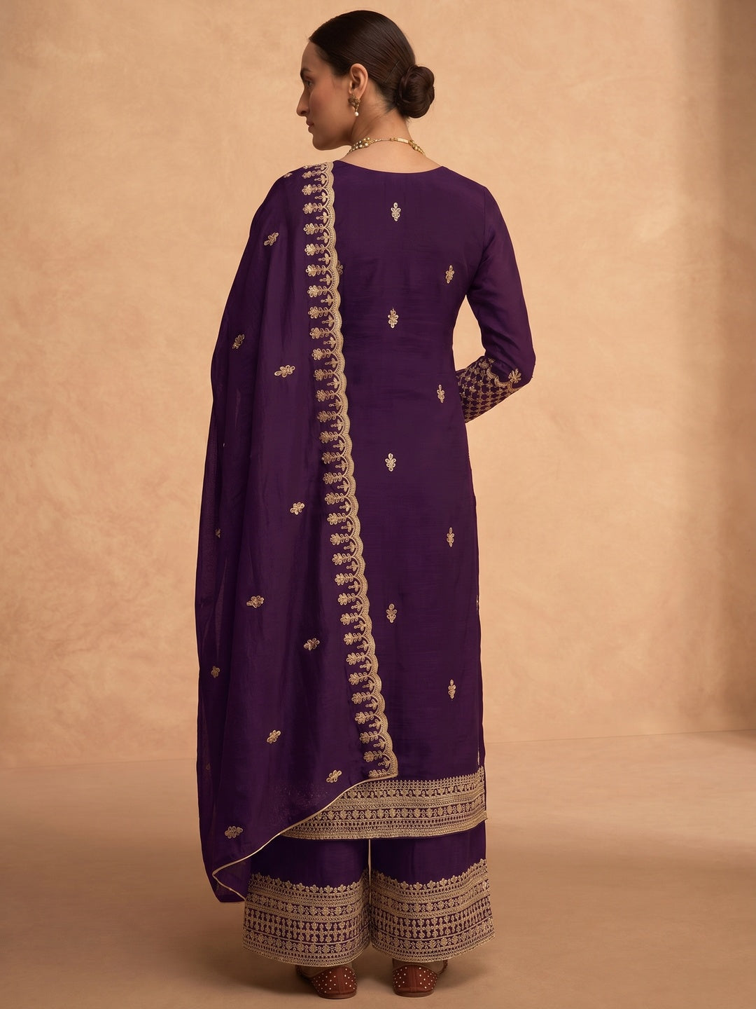 Purple Sequins Embroidered Georgette Palazzo Suit - Image 1