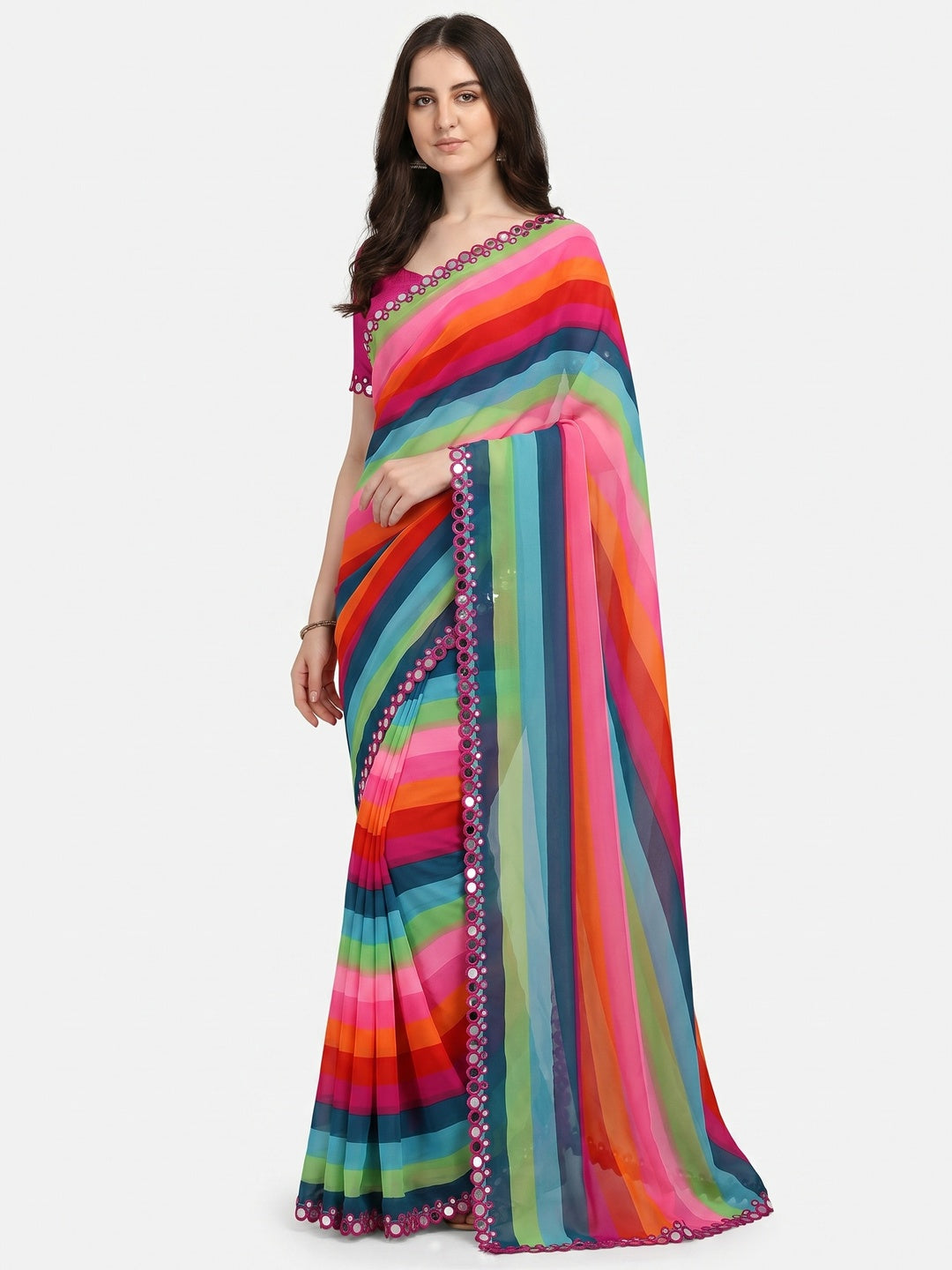 Multicolor Striped Printed Georgette Saree - Image 1