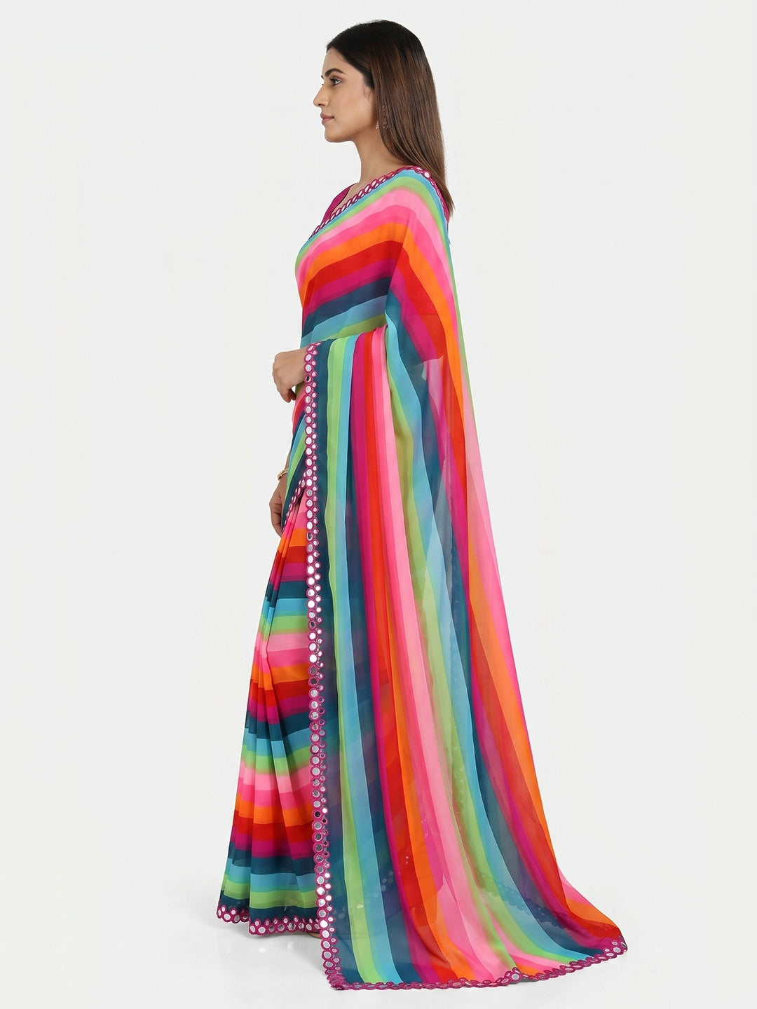 Multicolor Striped Printed Georgette Saree - Image 2