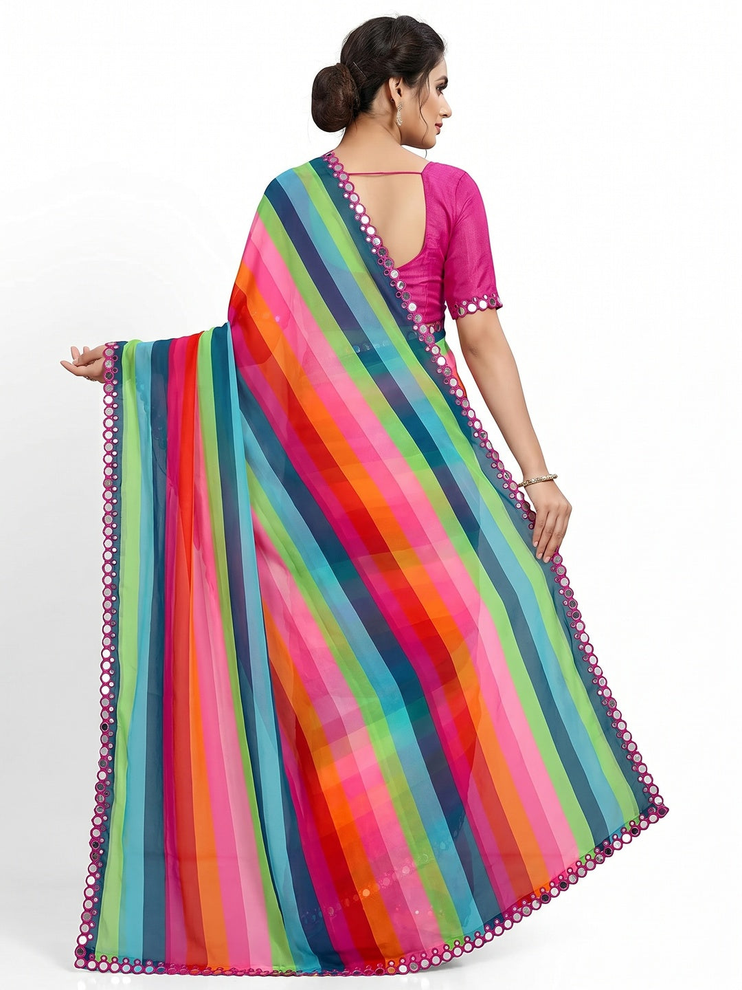 Multicolor Striped Printed Georgette Saree - Image 3