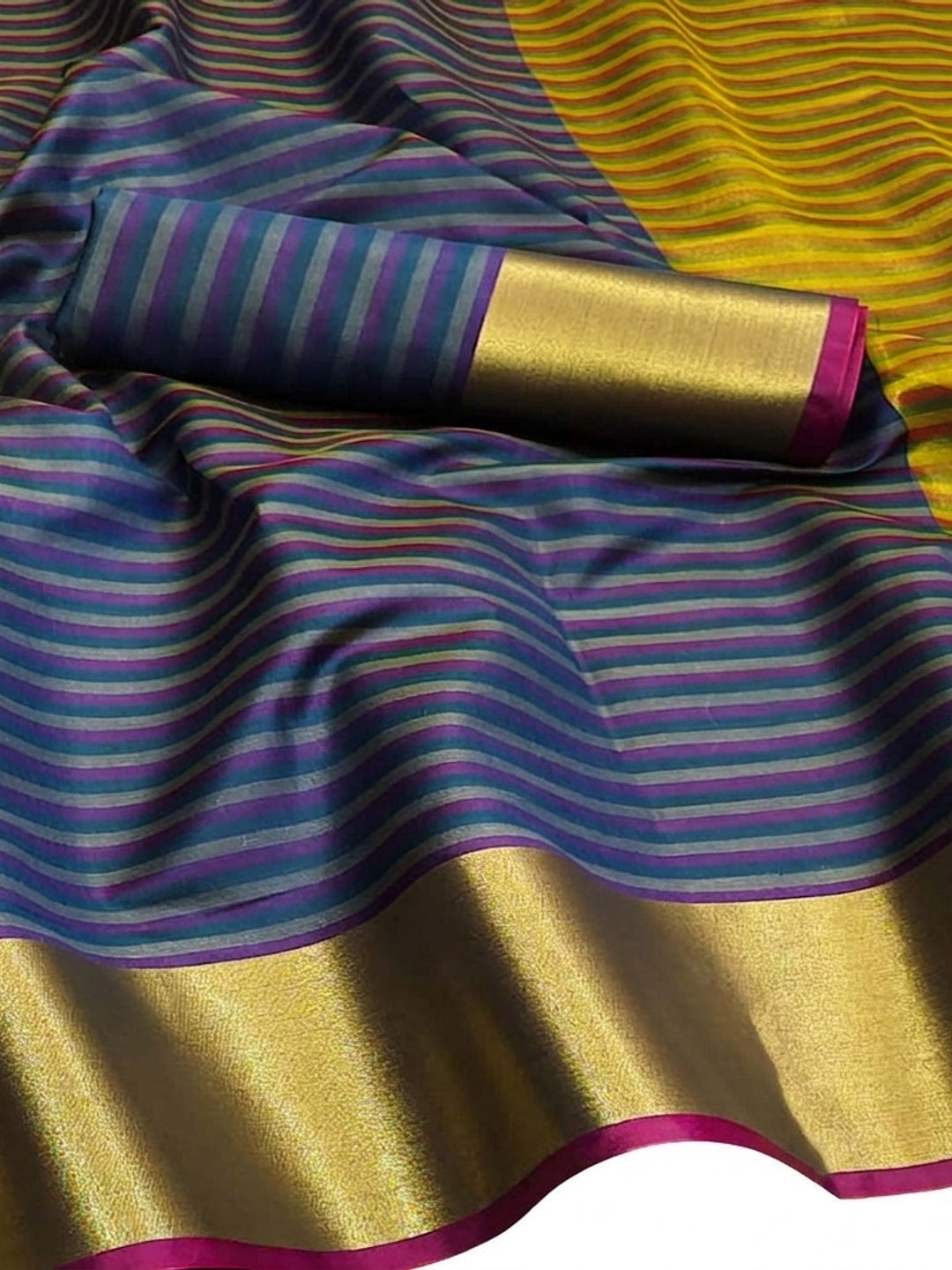 Navy Blue Woven Cotton Silk Saree - Image 3