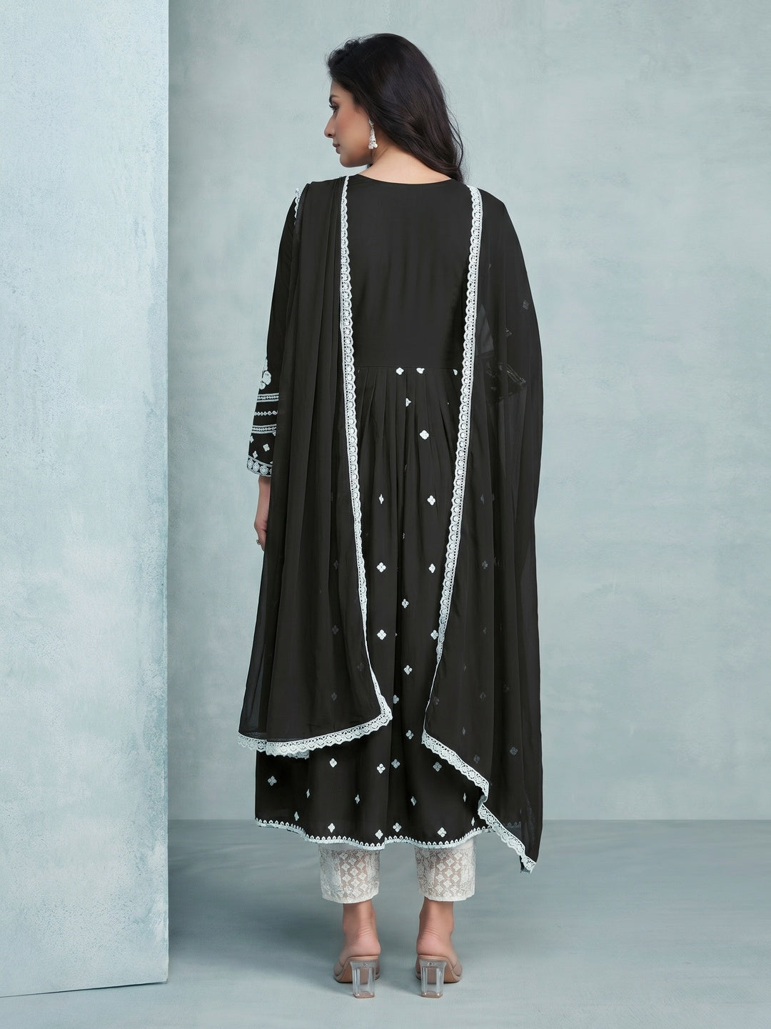 Black Lucknowi Work Rayon Naira Cut Suit - Image 1