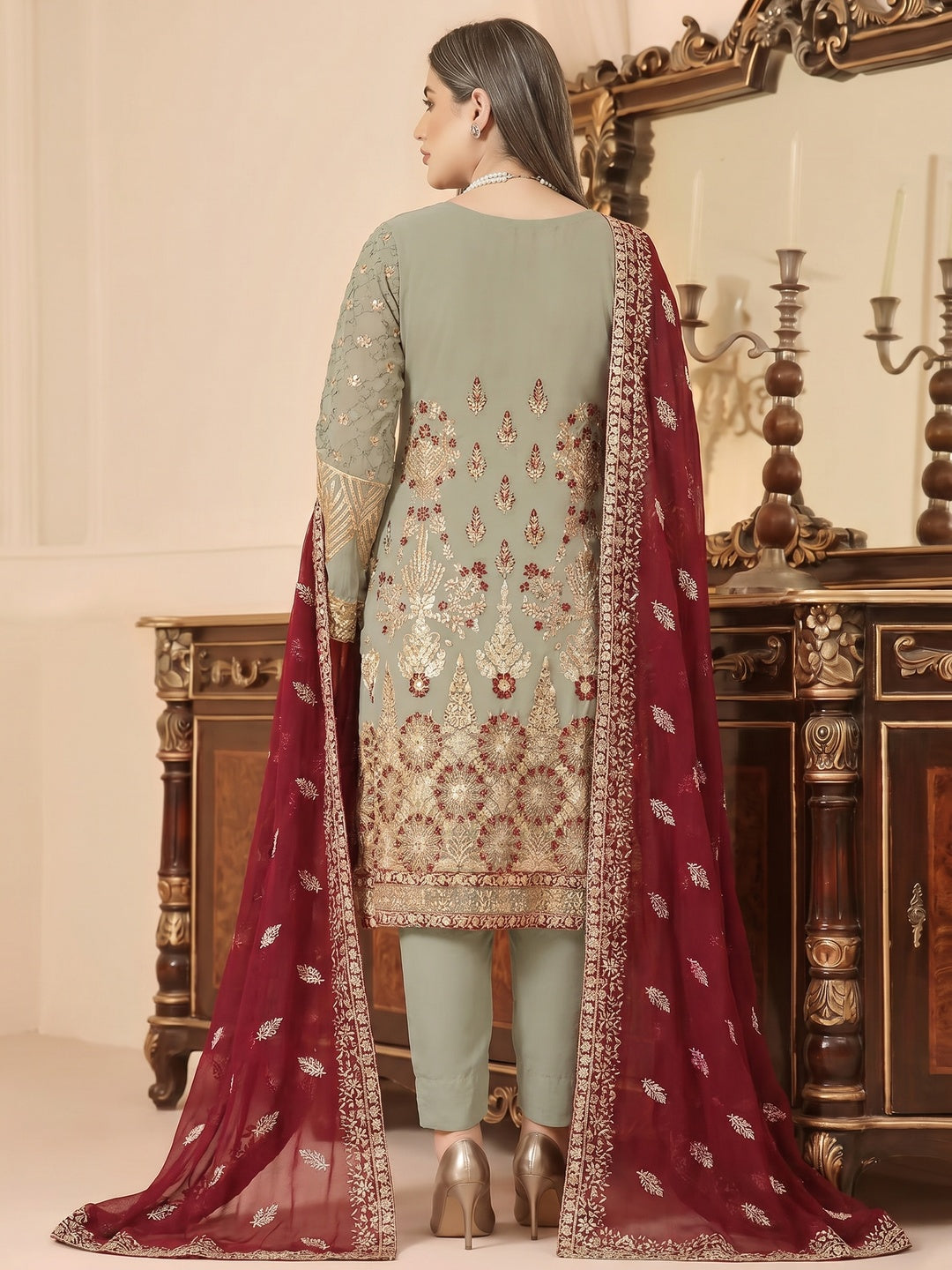 Grey Sequins Embroidered Georgette Pakistani Suit - Image 1