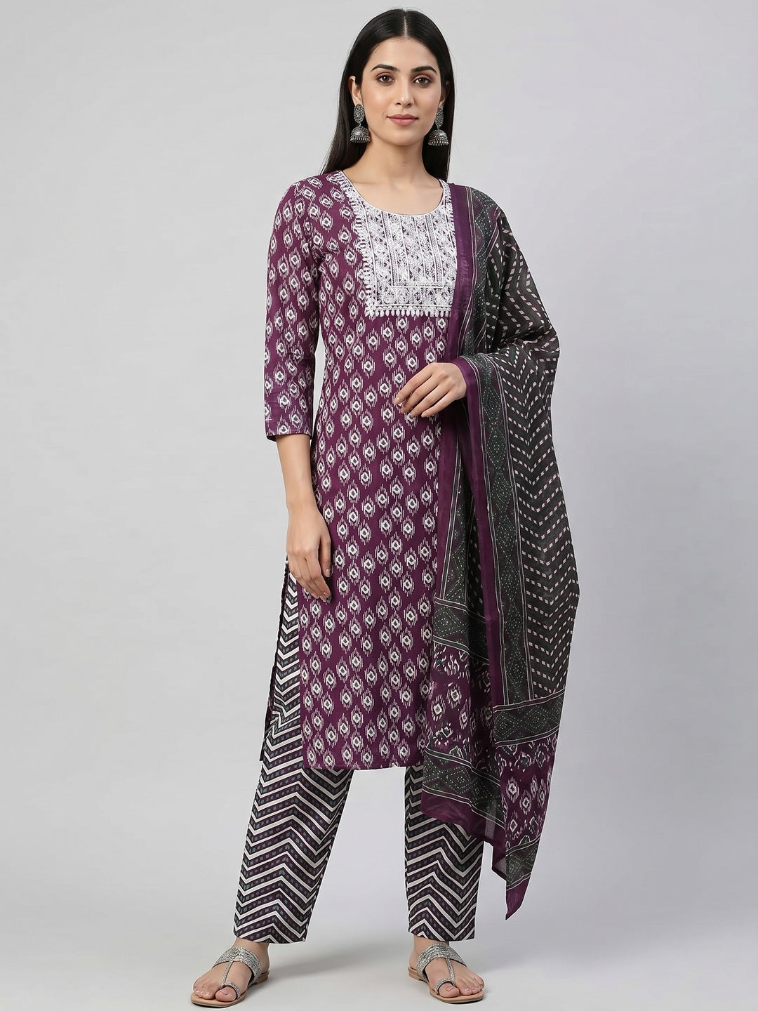 Elegant Purple Pure Cotton Printed Kurta Set with Dupatta - Image 1