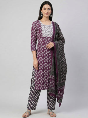 Elegant Purple Pure Cotton Printed Kurta Set with Dupatta - Image 1