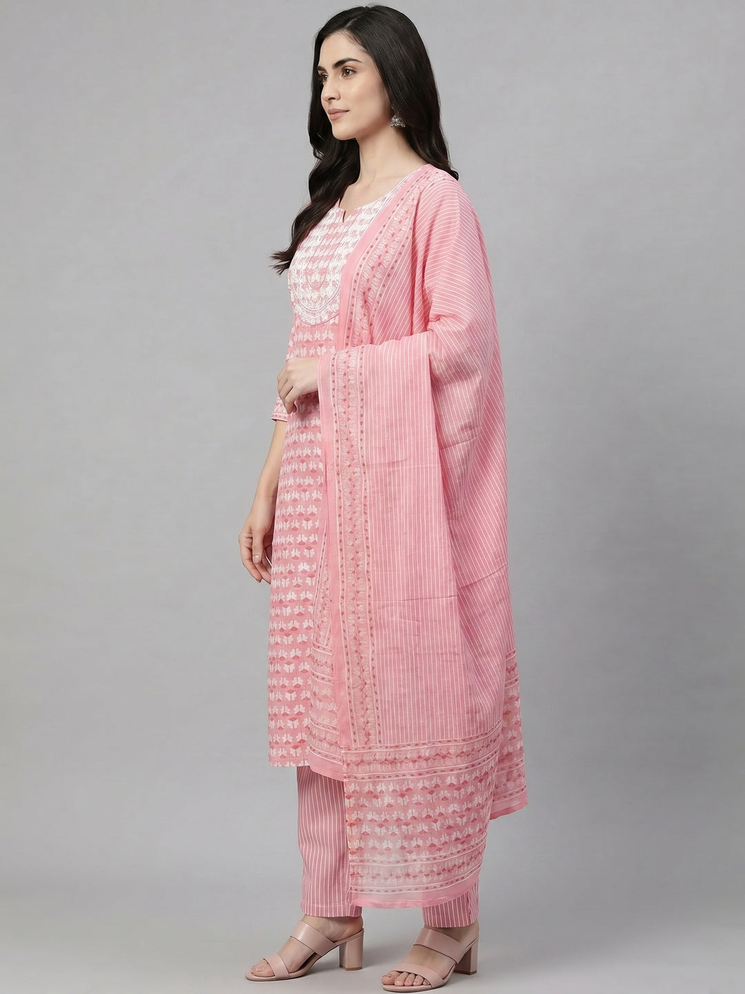 Elegant Pink Floral Printed Pure Cotton Salwar Suit Set - Image 3