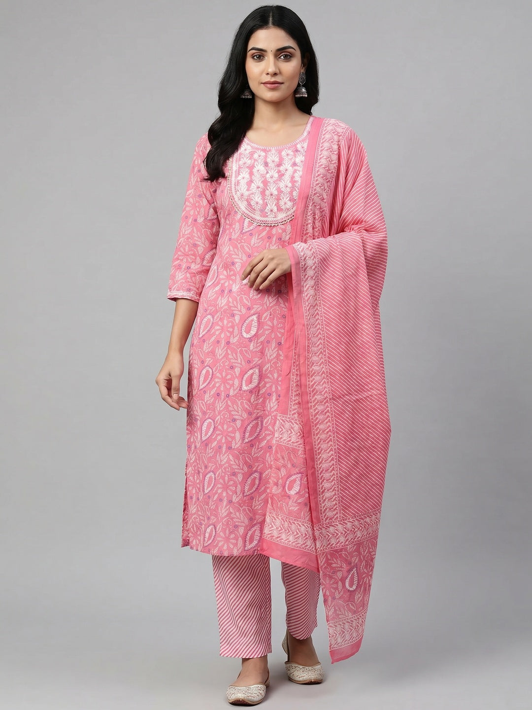 Elegant Pink Pure Cotton Kurta Set with Striped Bottom and Dupatta - Image 1