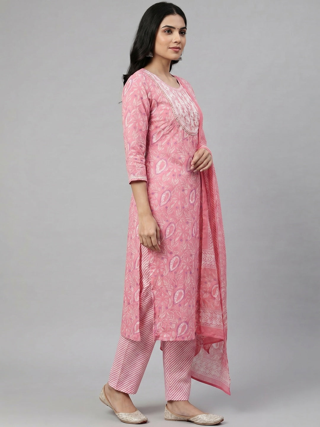Elegant Pink Pure Cotton Kurta Set with Striped Bottom and Dupatta - Image 3