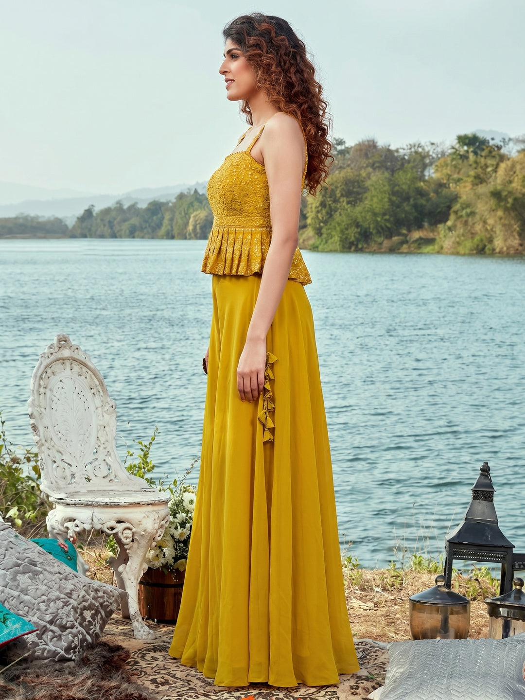 Yellow Embroidered Georgette Palazzo Suit - Image 1